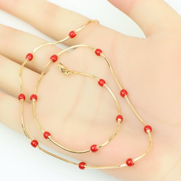 "Delicate Yellow Gold Plated Necklace with Red Beads, XPNL0302 - Picture 3 of 12